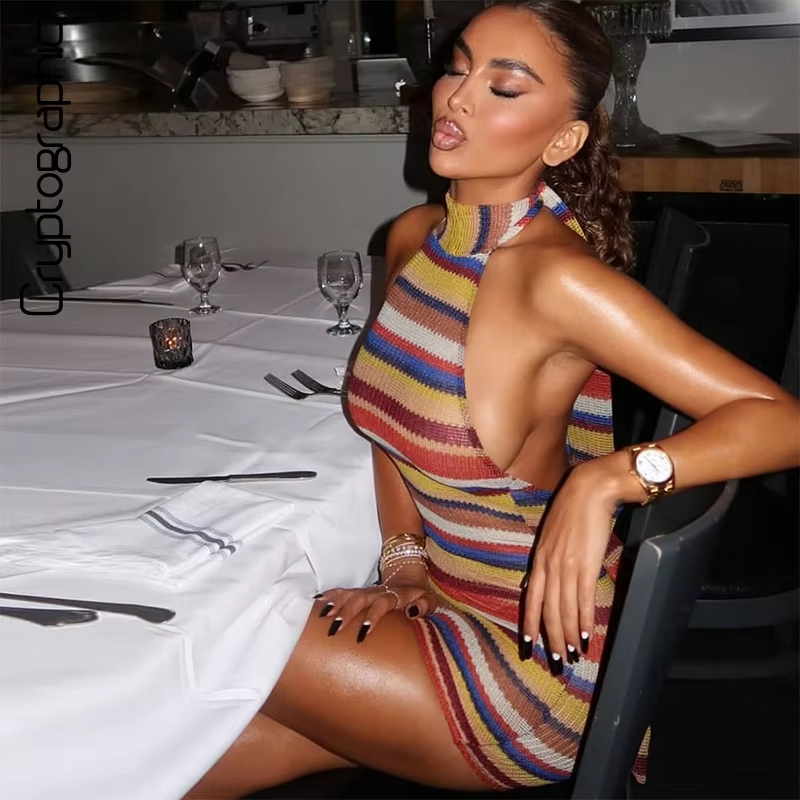 Y2K Backless Halter Mini Dress - Mini Abito a Maglia a Righe