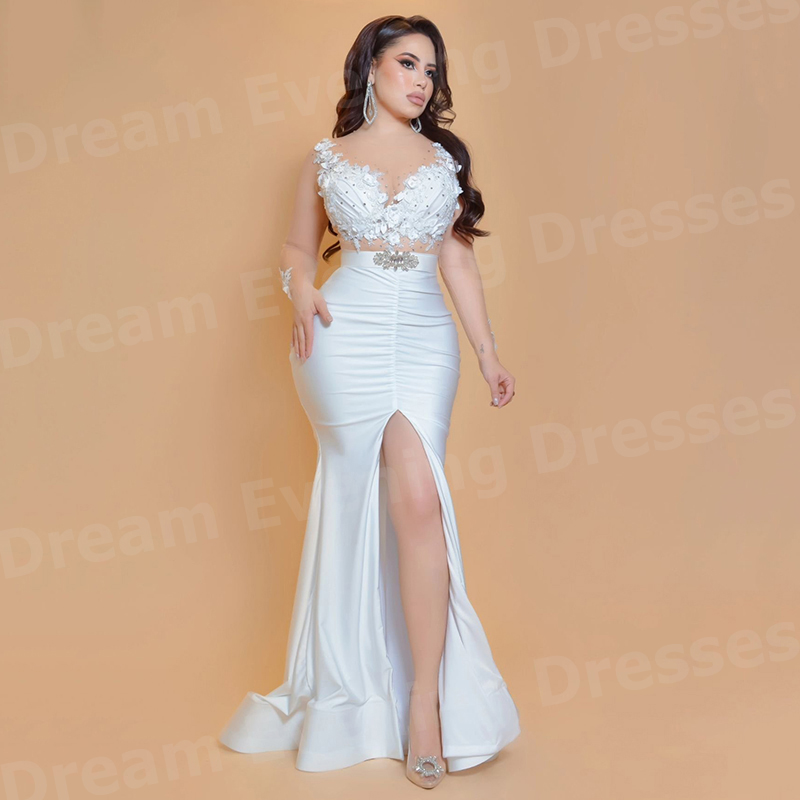 Elegant Satin Evening Gown Split - Eleganti Abiti da Sera Bianchi a