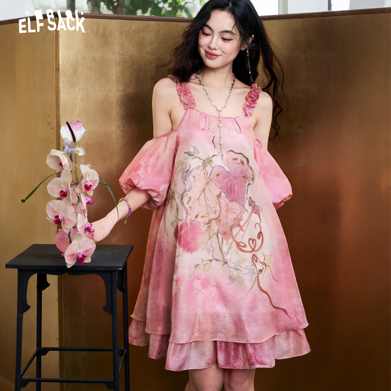 Off Shoulder Puff Sleeve Sundress - ELFSACK Abito da donna in chiffon