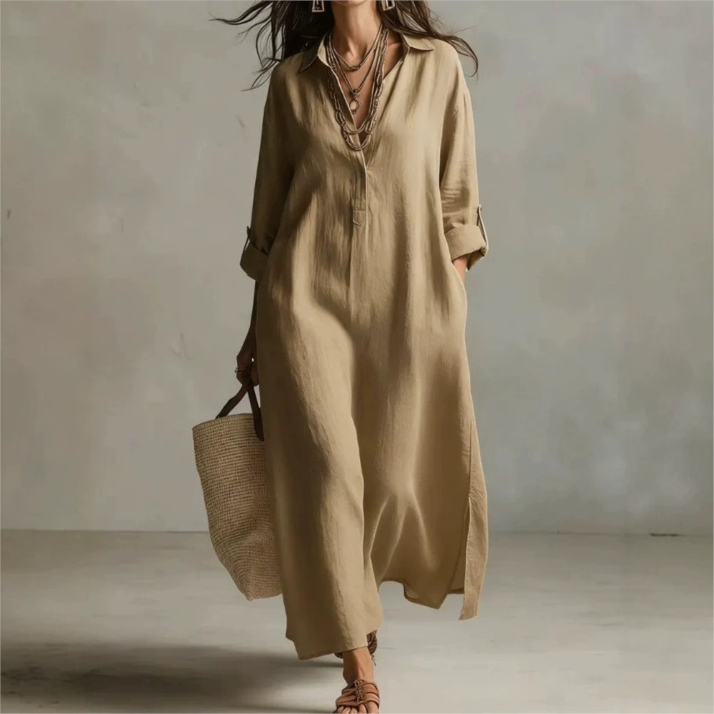 Casual Loose Linen Shirt Dress - Abito chemisier lungo da donna vintage
