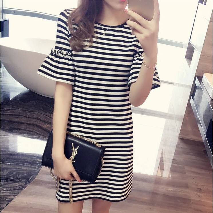Korean Style A Line Shirt Dress - Abito estivo a righe da donna,