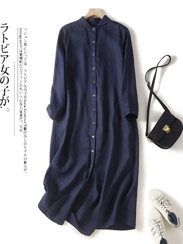 Casual Loose Linen Shirt Dress - Abito chemisier casual in cotone e