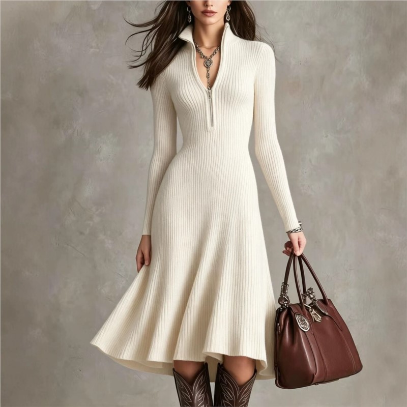 Bodycon Long Sleeve Ribbed Dress - Abito midi in maglia a coste
