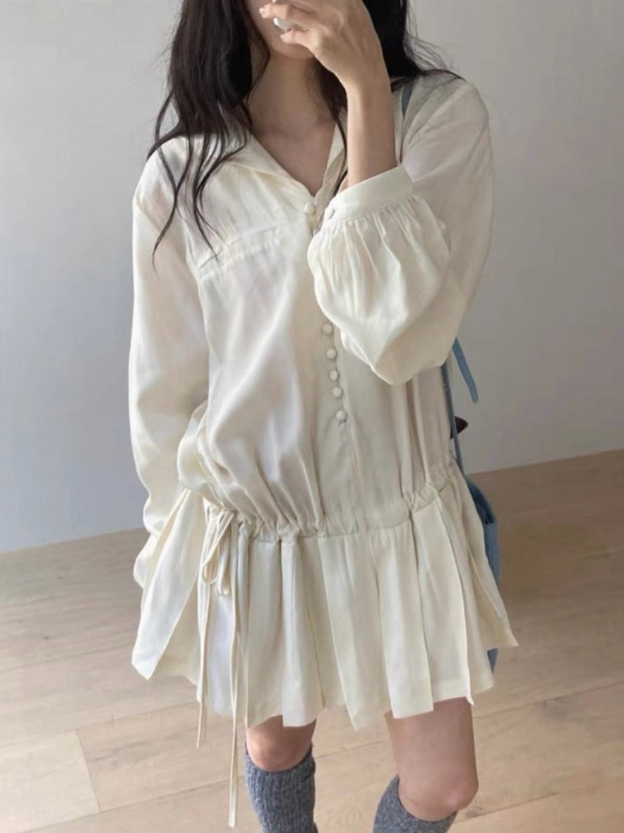 Korean Style A Line Shirt Dress - Abito camicia a maniche lunghe snellente,