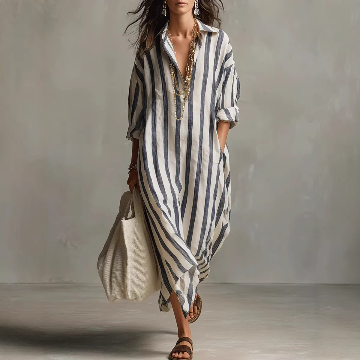 Casual Loose Linen Shirt Dress - Abito lungo estivo elegante in lino