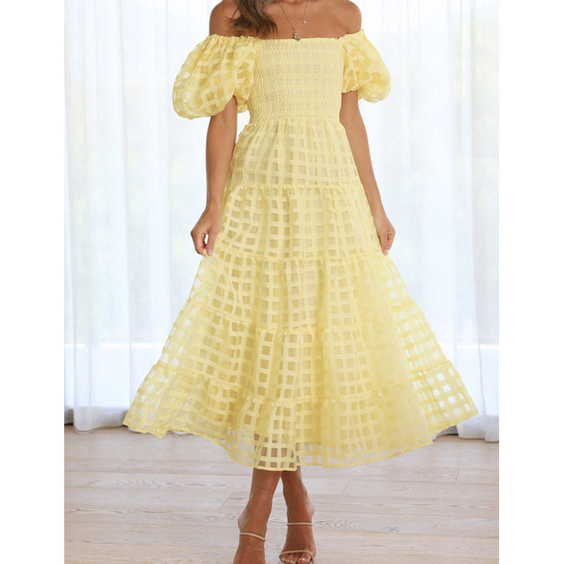 Off Shoulder Puff Sleeve Sundress - Abito lungo estivo da donna elegante