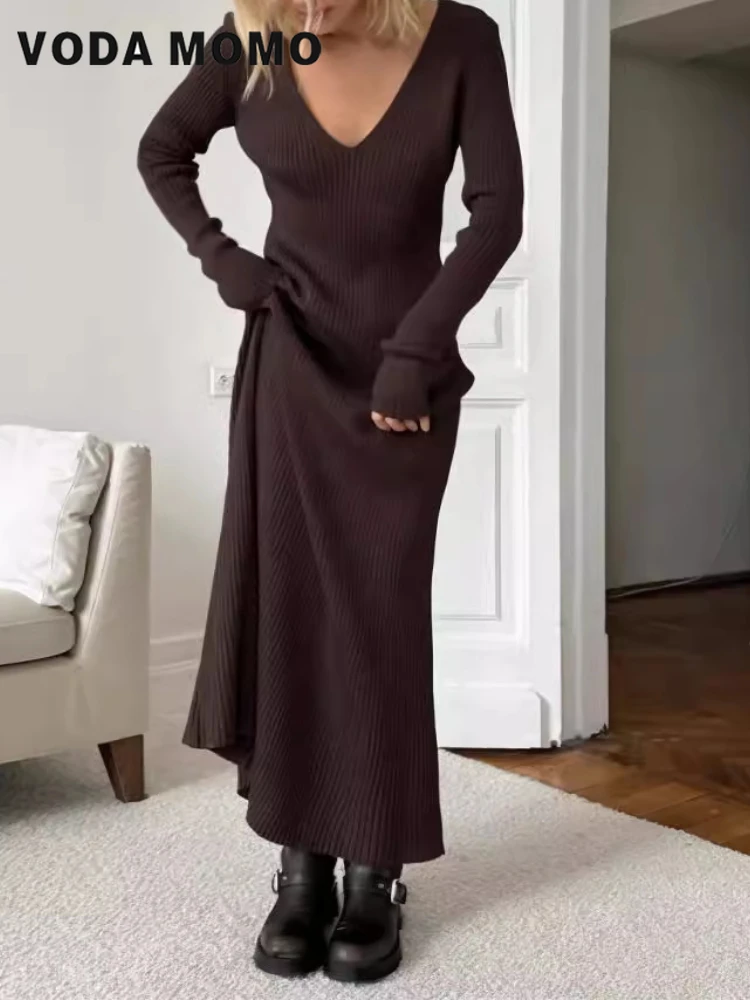 Bodycon Long Sleeve Ribbed Dress - Maniche lunghe Abiti maxi aderenti versatili