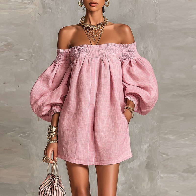 Abito da donna tinta unita con - Off Shoulder Puff Sleeve Sundress recensione e prezzo