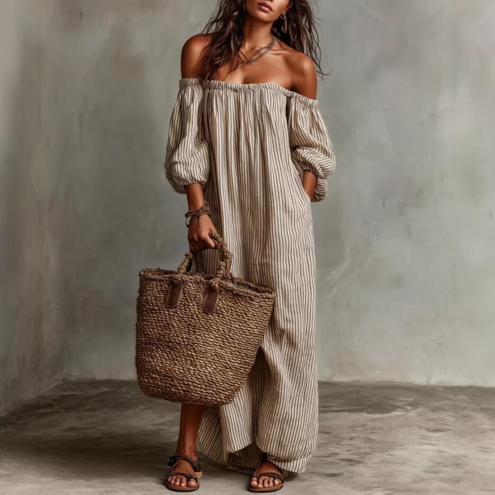 Abito lungo estivo da donna a  - Off Shoulder Puff Sleeve Sundress recensione e prezzo