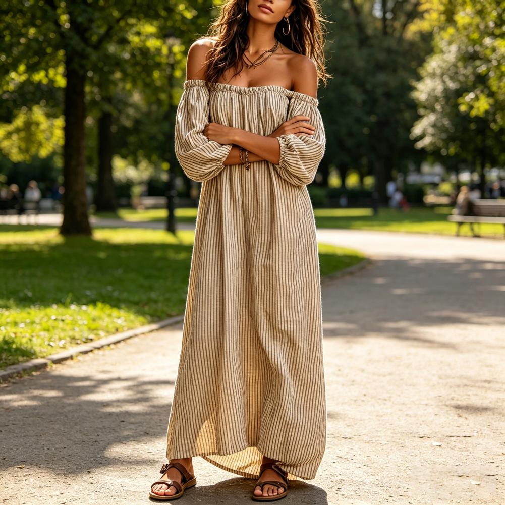 Abito lungo estivo da donna a  - Off Shoulder Puff Sleeve Sundress recensione e prezzo
