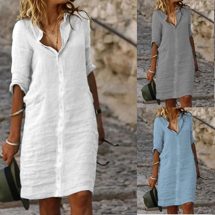 Abito Camicia Midi a Vestibili - Casual Loose Linen Shirt Dress recensione e prezzo