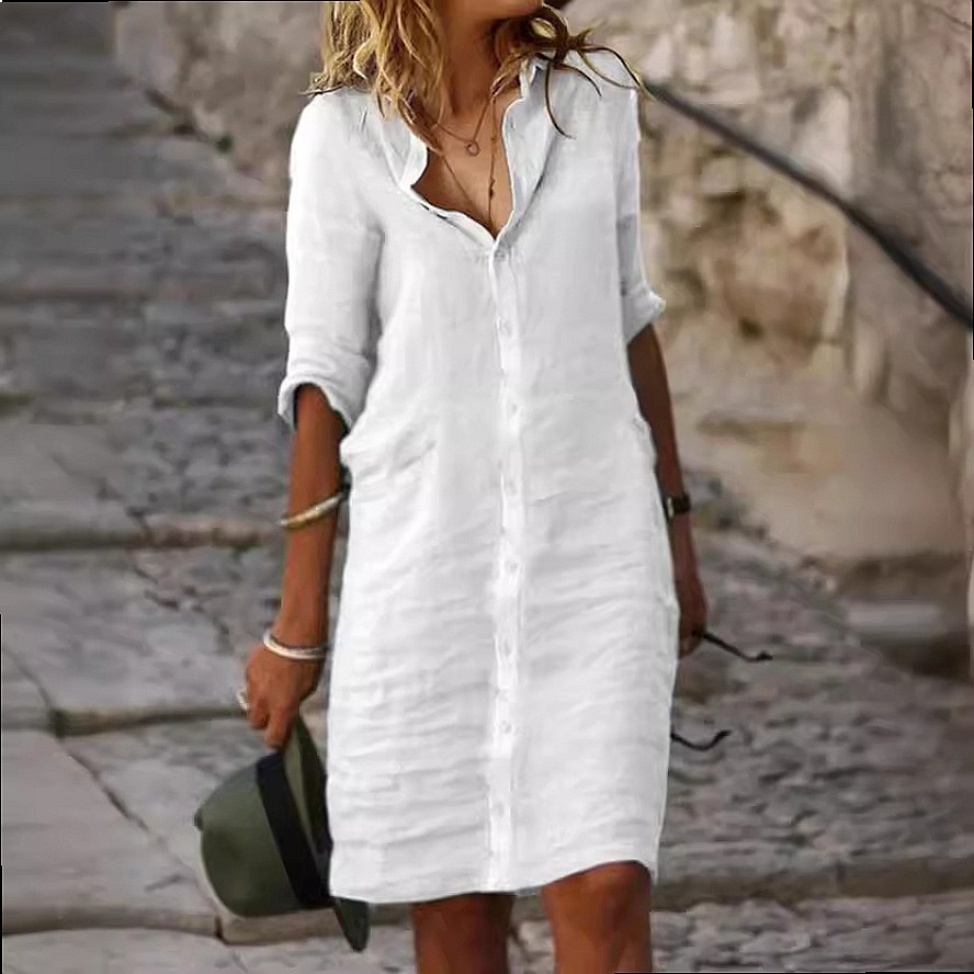 Abito Camicia Midi a Vestibili - Casual Loose Linen Shirt Dress recensione e prezzo