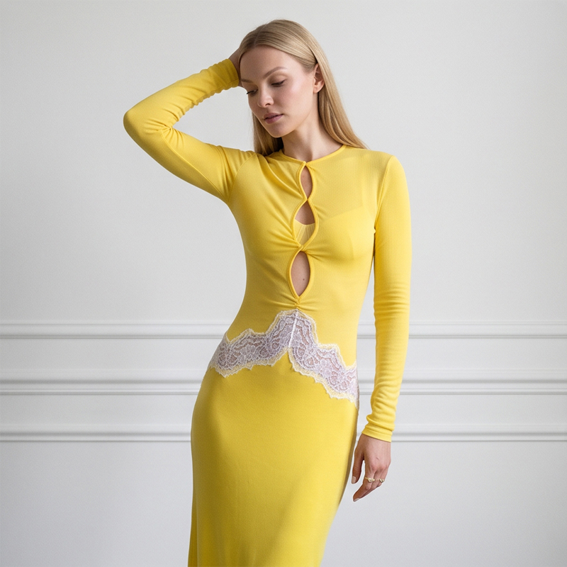 Abito lungo da donna giallo in - Bodycon Long Sleeve Ribbed Dress recensione e prezzo