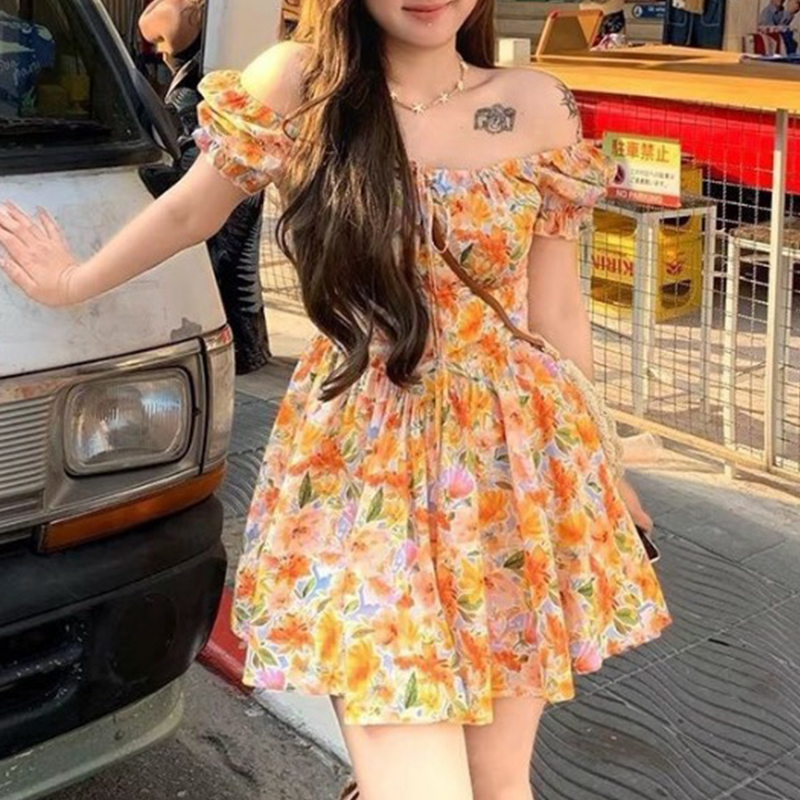 Mini abito da donna con stampa - Off Shoulder Puff Sleeve Sundress recensione e prezzo