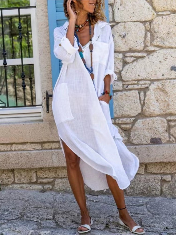 Abito camicia da donna bianco  - Casual Loose Linen Shirt Dress recensione e prezzo
